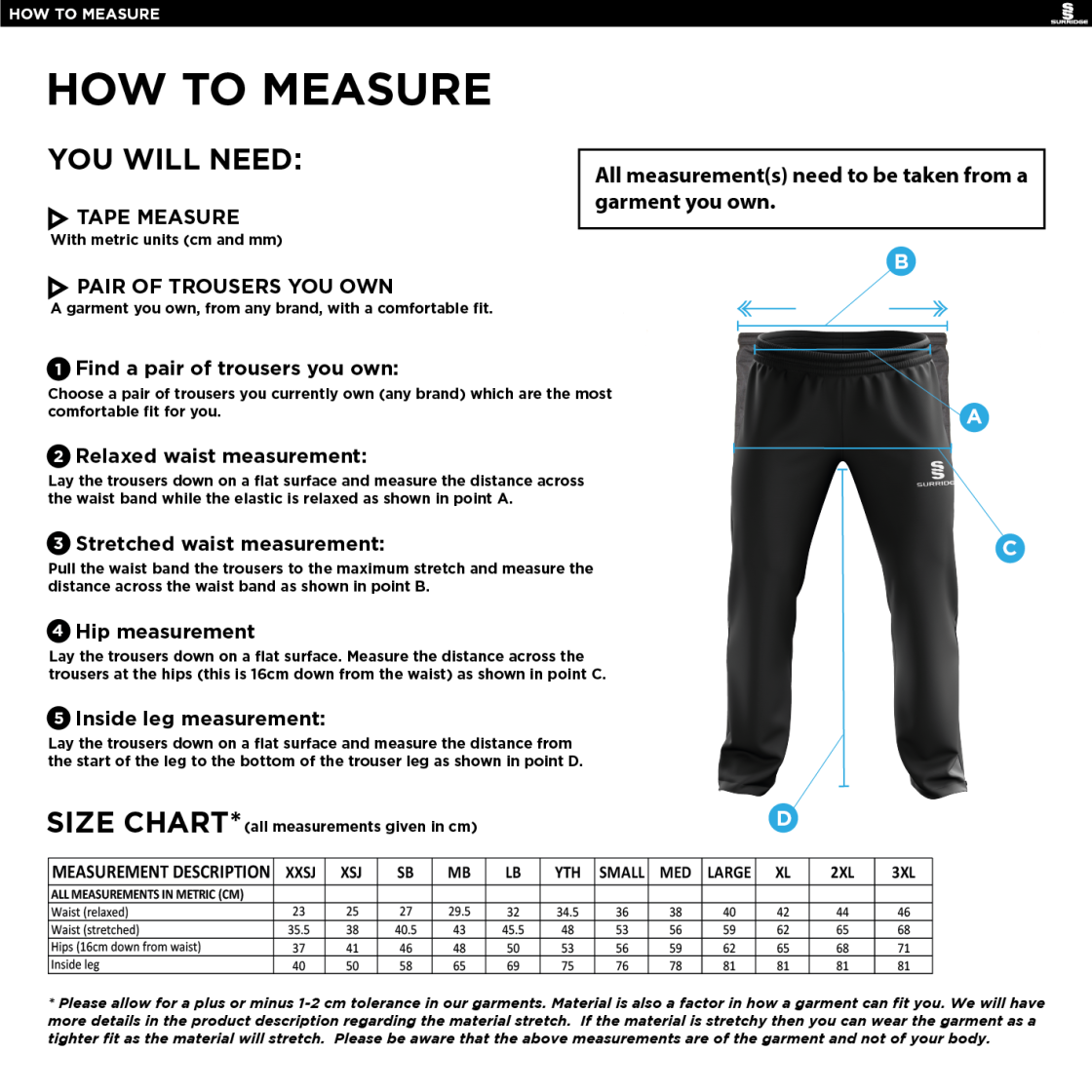 HOGHTON CC Classic Tracksuit Pant 3/4 Zip Length Navy Mens - Size Guide