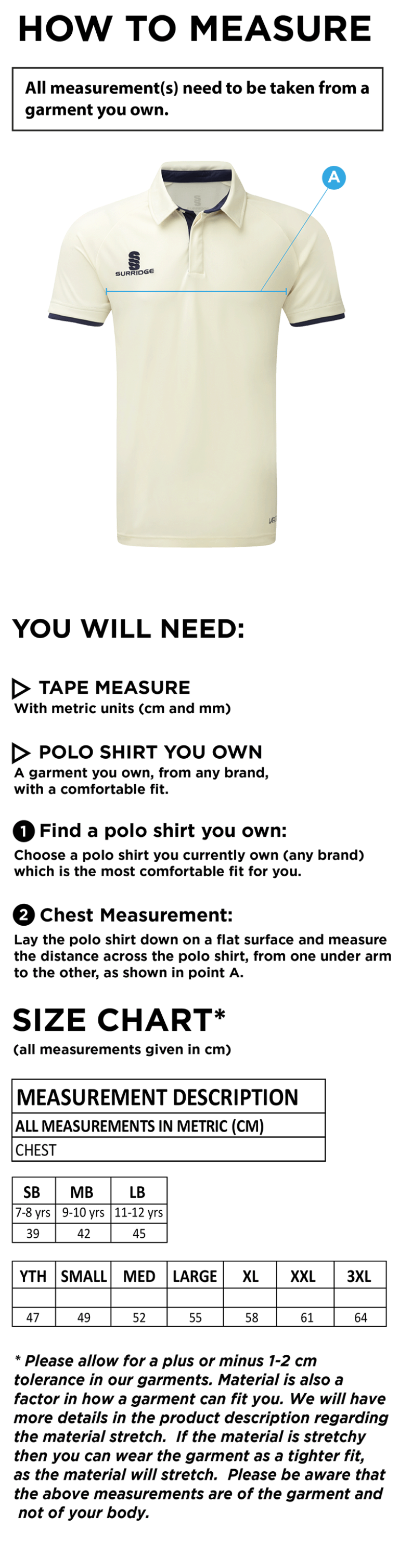 Hoghton CC Ergo S/S Shirt - Size Guide