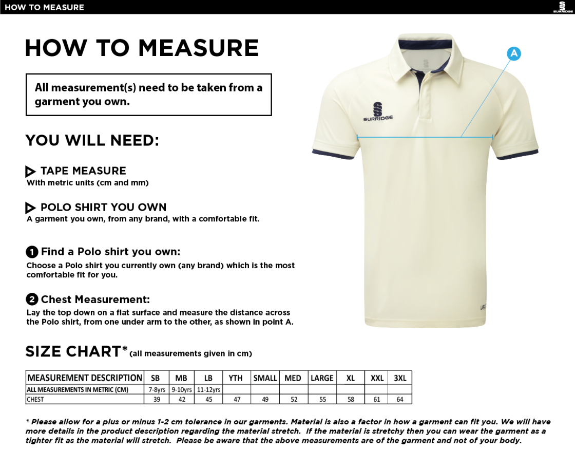 Hoghton CC Ergo S/S Shirt - Size Guide