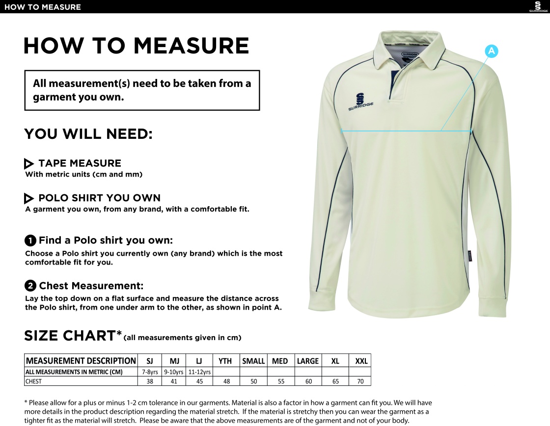 Hoghton CC Premier L/S Shirt - Size Guide