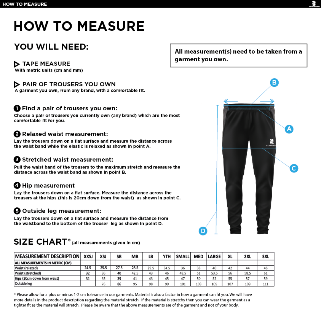 Hoghton CC Tek Slim Training Pants - Black - Size Guide