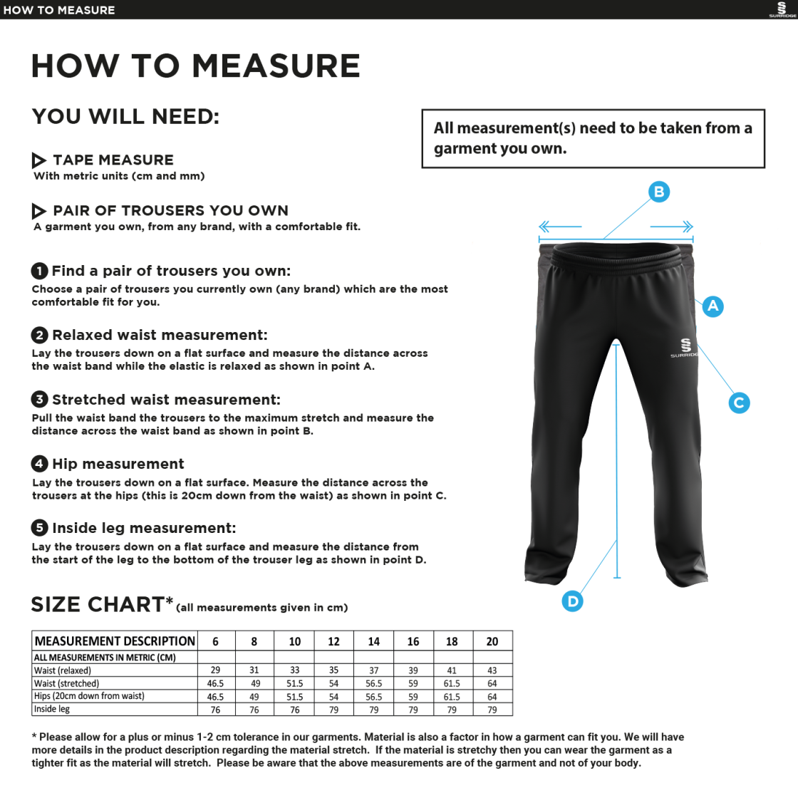 HOGHTON CC Classic Tracksuit Pant 3/4 Zip Length Navy Female - Size Guide