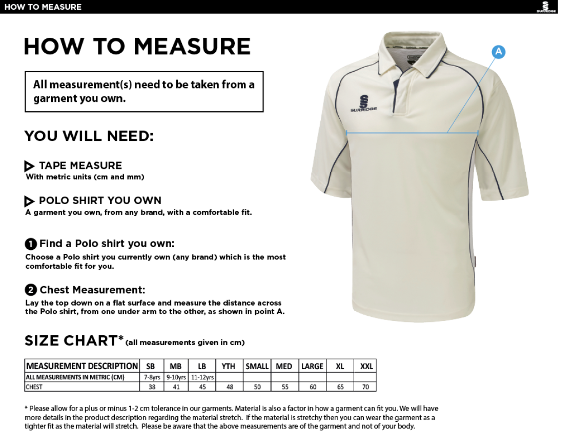 Hoghton CC Premier S/S Shirt - Size Guide