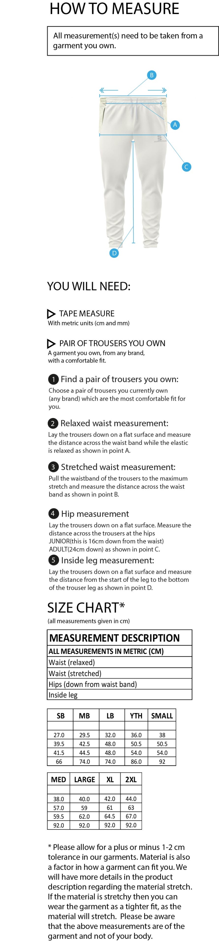 Hoghton CC Tek Playing Pants - Size Guide