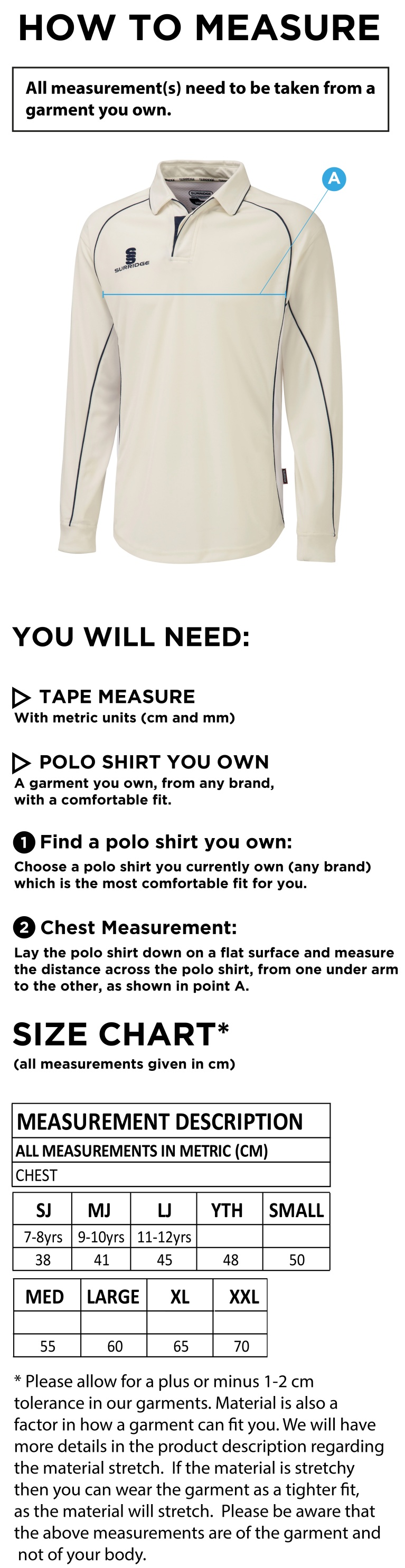 Hoghton CC Premier L/S Shirt - Size Guide